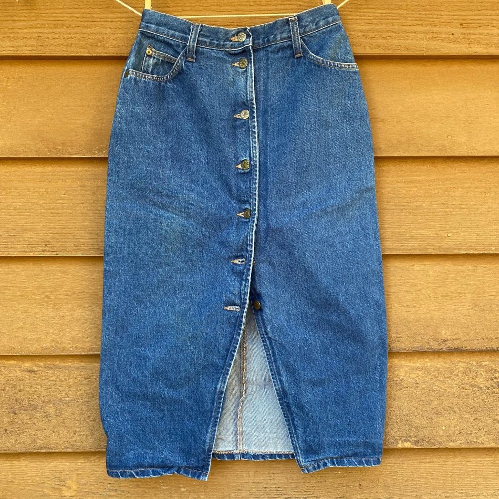 Courage My Love Vintage Denim Button Down Blue Skirt 3 Pocket